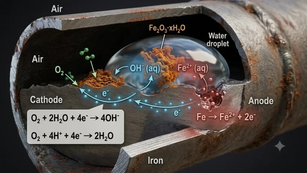 Mecanismo de oxidación del Fe en un medio acuoso aireado.