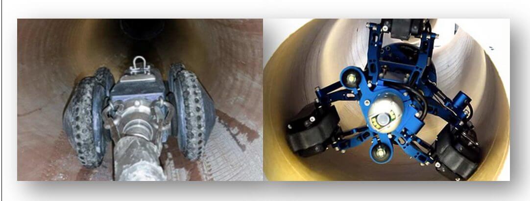 Visual inspection inside pipes using video cameras and guided equipment.