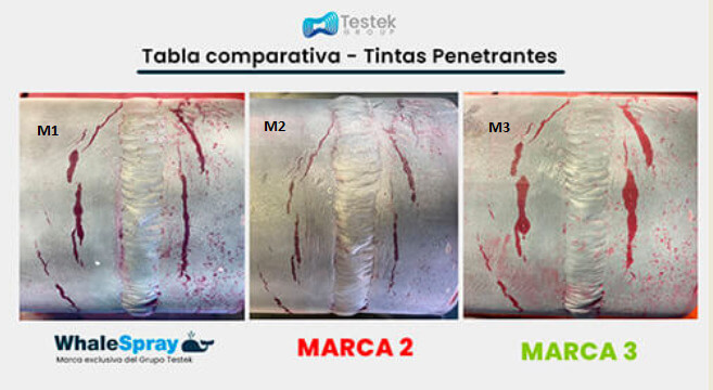 test with penetrating dyes Whalespray Vs Other brands. Reliable solutions in penetrating liquid NDT with Crack 1, Crack 2 and Crack 3 from WhaleSpray.