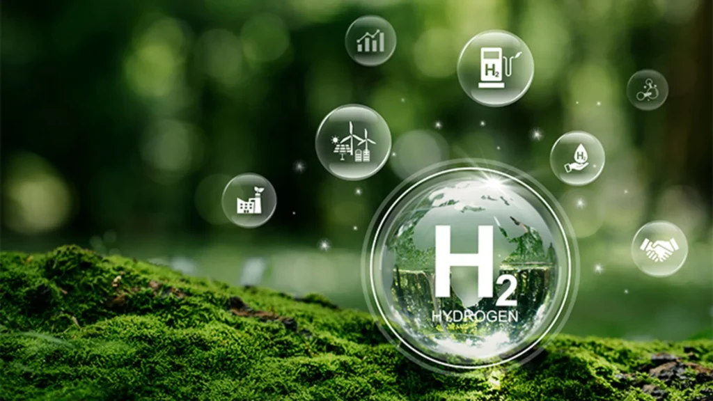 Hidr&oacute;geno como energ&iacute;a limpia en la transici&oacute;n energ&eacute;tica global con iconos de sostenibilidad.
