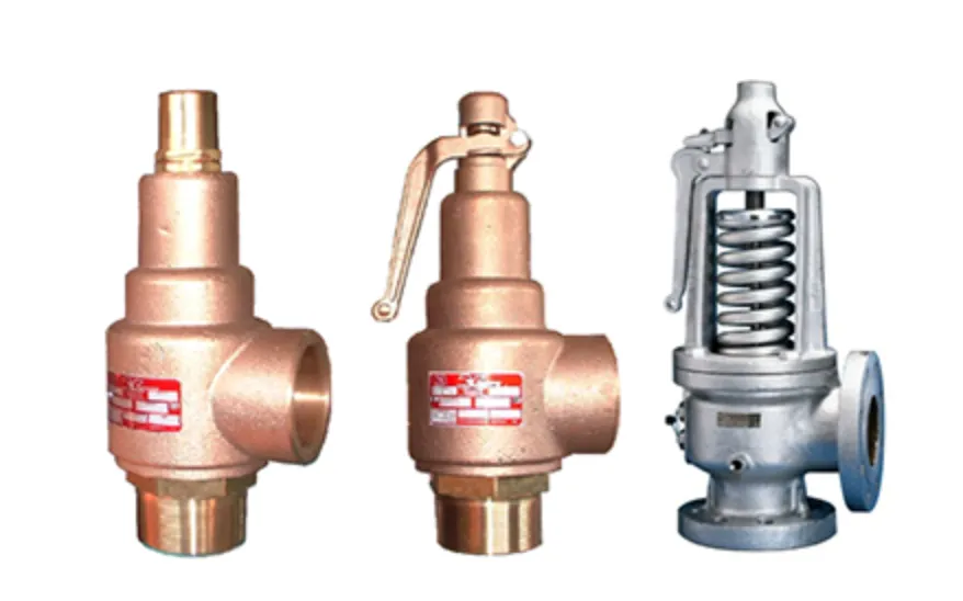 Tres válvulas de seguridad industriales tipo resorte, incluyendo modelos convencionales y uno con vista seccionada que muestra el mecanismo interno de alivio de presión.