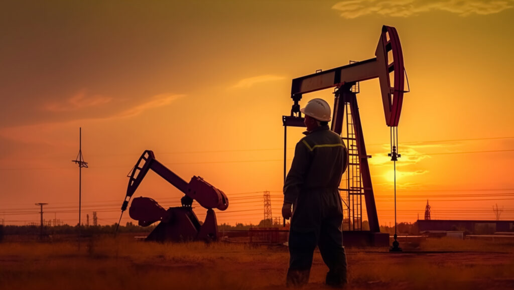trabajador plataforma petrolera al atardecer creados tecnologia ia generativa