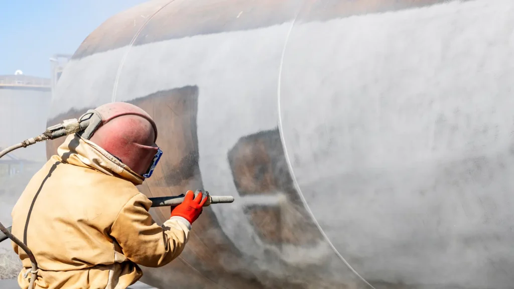 Preparación de superficies metálicas con chorro de arena (sandblasting).