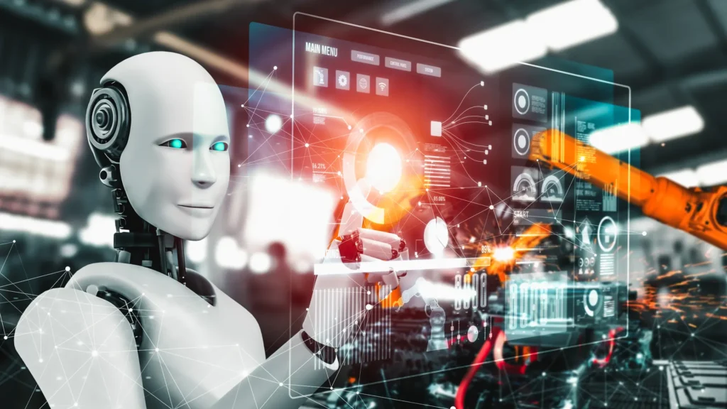 Robots colaborativos en el concepto de inteligencia artificial.
