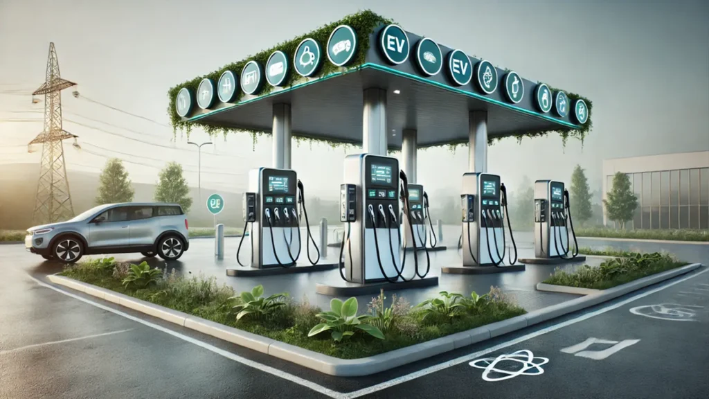 Representación de una estación de gasolina híbrida con surtidores y carga eléctrica.