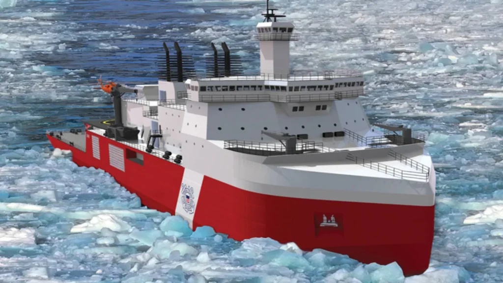 Rompehielos polar pesado de la Guardia Costera de Estados Unidos abriendo paso entre capas de hielo marino en aguas árticas.