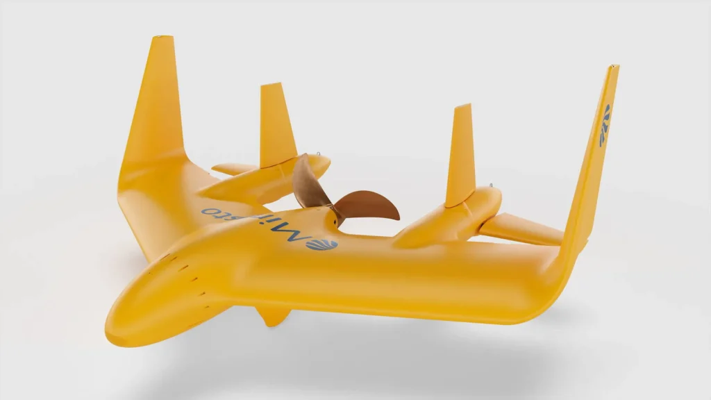 Render del dispositivo submarino Dragon 12 de Minesto, diseñado para generar energía mareomotriz a partir de corrientes oceánicas.