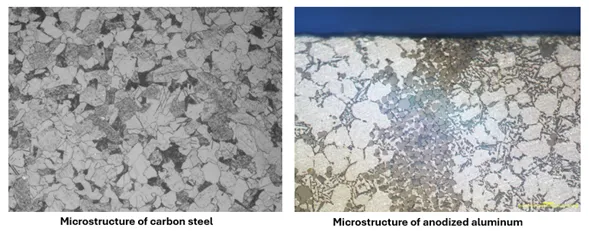 Microstructures of carbon steel and anodized aluminum.
