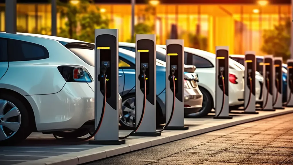 Electric vehicle charging station with several cars plugged in in a modern urban setting at sunset.