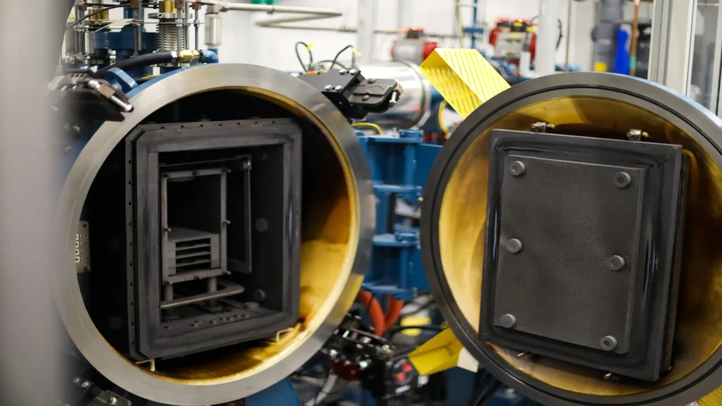 Horno industrial CVI abierto, mostrando el interior de la cámara utilizada para la infiltración de vapor químico en la fabricación de combustible TRISO.