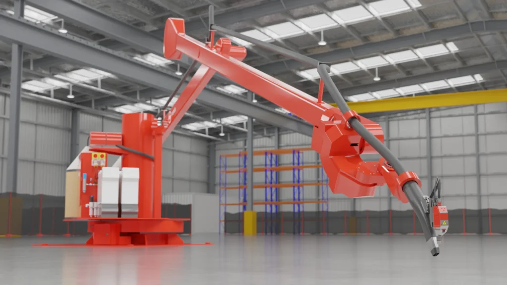Robot de soldadura automatizada Mantis™ de FBR, montado sobre base fija y brazo pendular de gran alcance, operando en un entorno industrial amplio y cerrado.