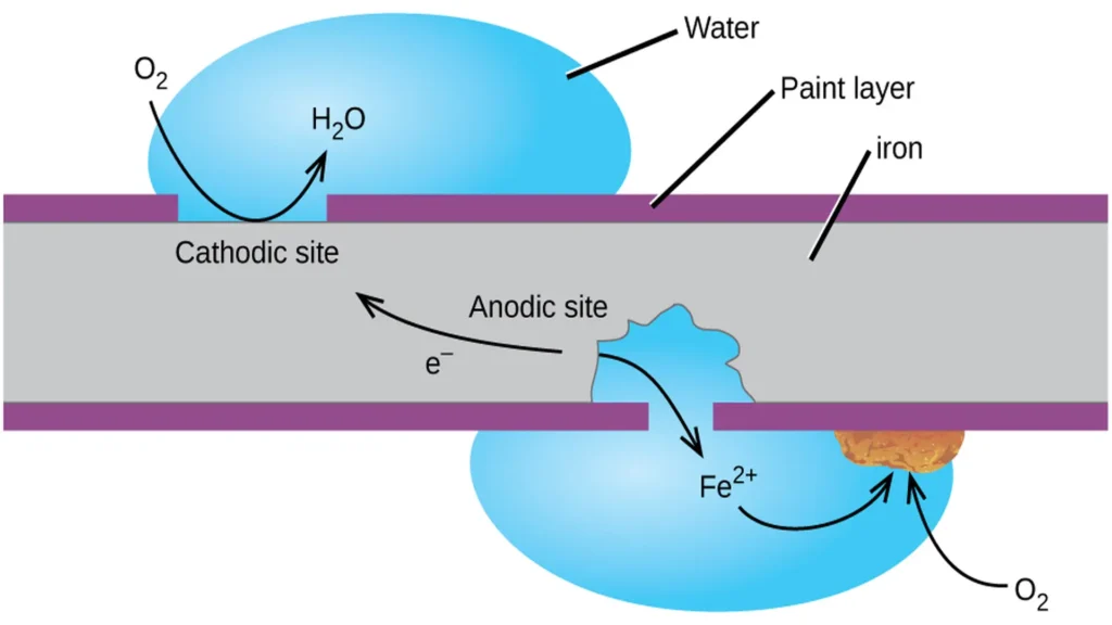 Metal corrosion: Mechanism of iron dissolution in an aerated aqueous medium.