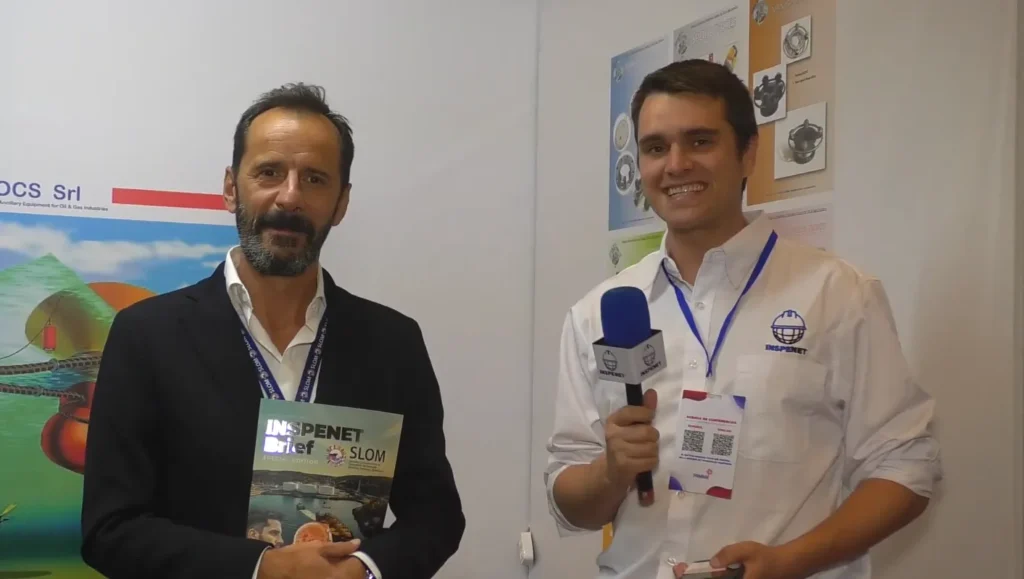 Davide Contino, CEO of IOCS Srl, during an interview at the SLOM 2025 event in Panama, sharing his vision on offshore systems.