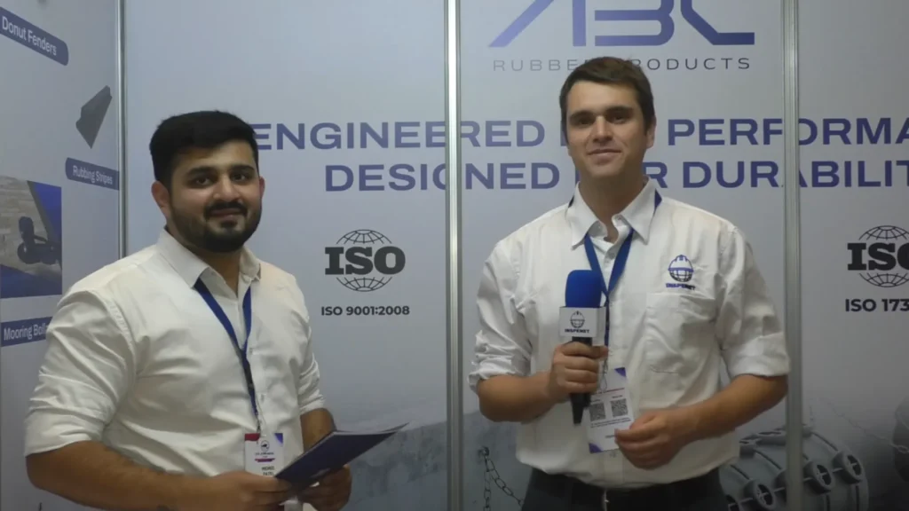 Monil Patel, Managing Director of ABC Rubber Products, during an interview about advances in marine fenders at the SLOM 2025 event.