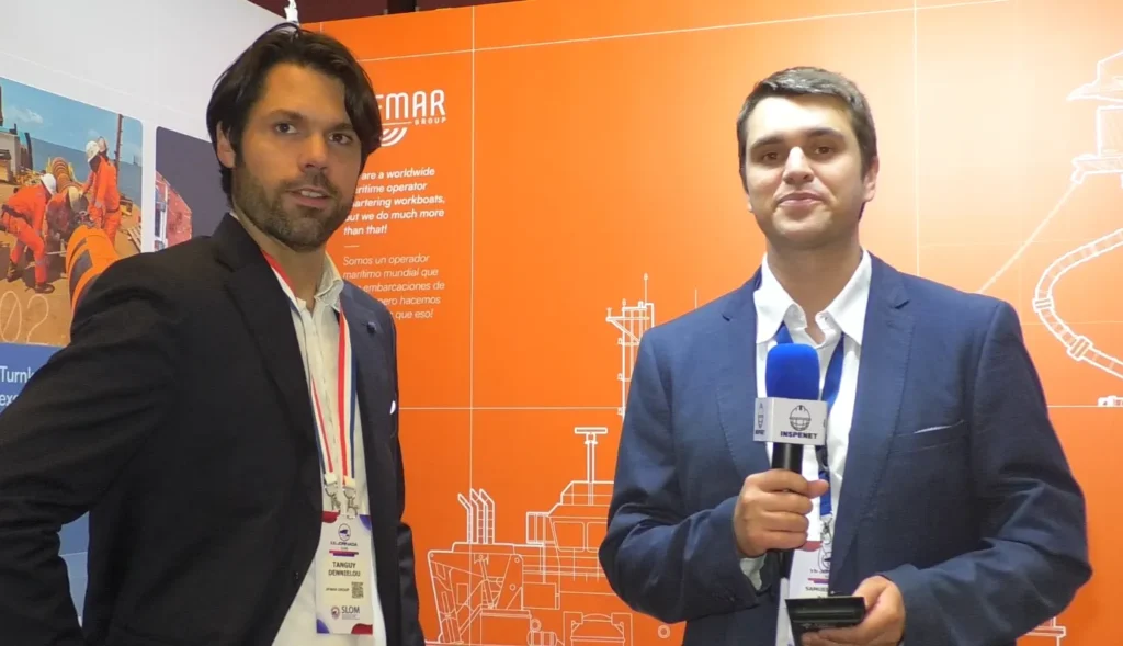 Tanguy Dennielou, es entrevistado por Richard Blaser de Inspenet durante el evento SLOM 2025, en donde destaca la eficiencia operativa de  buques multi-cat.