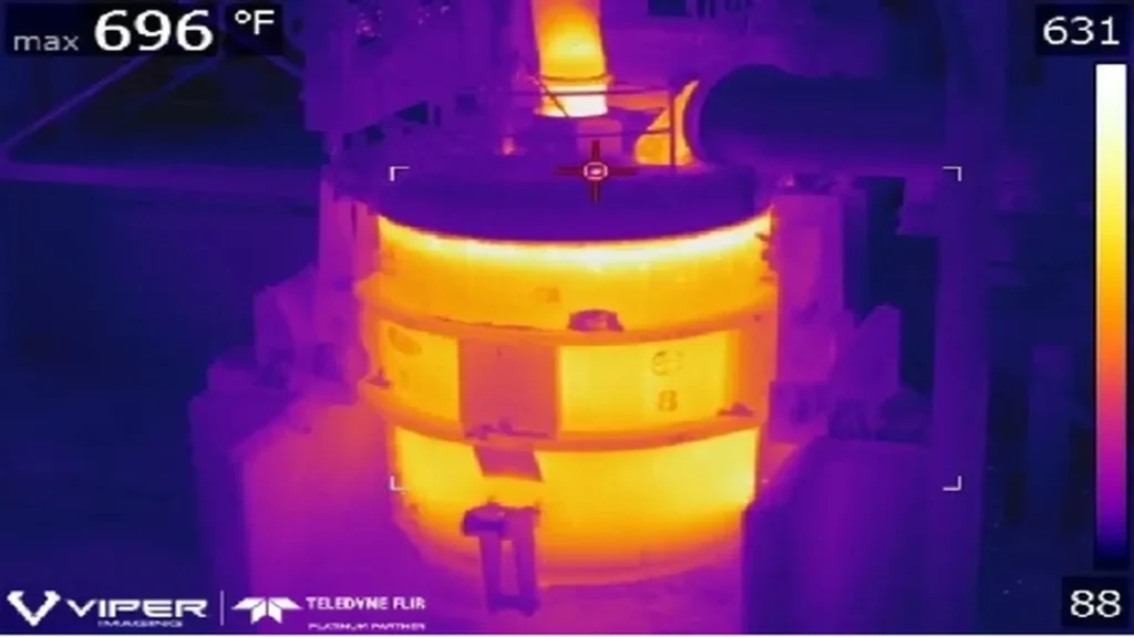 Continuous thermal monitoring of a casting ladle using FLIR technology from Viper Imaging.