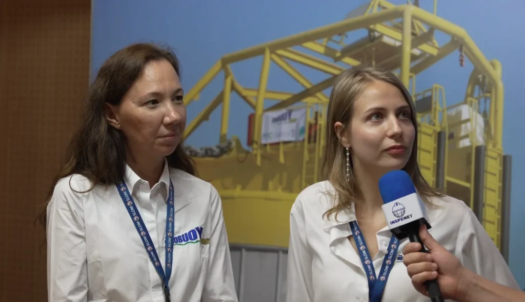 Two representatives from Monobuoy, Anna Collard and Giulia Hawerroth, are interviewed during SLOM 2025, discussing offshore buoys systems.