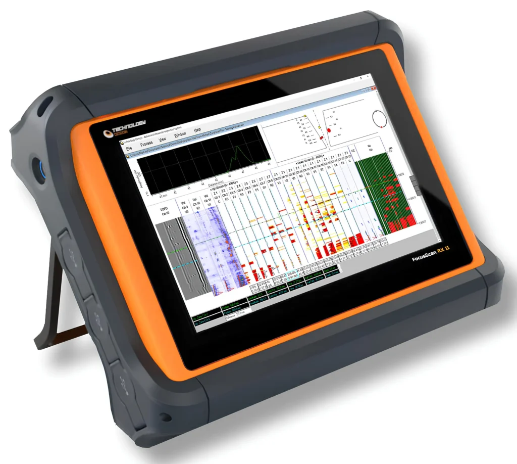 FSRX II FocusScan RX unit for ultrasonic data acquisition and analysis in industrial welding.