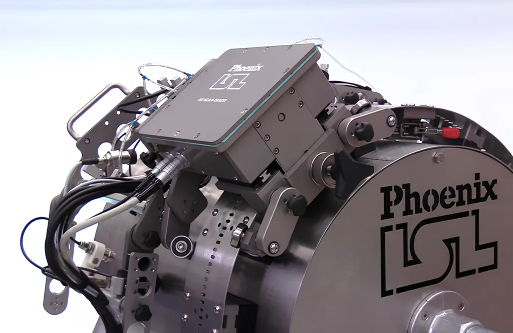 Phoenix ISL orbital scanner mounted for automated ultrasonic inspection of pipe welds.