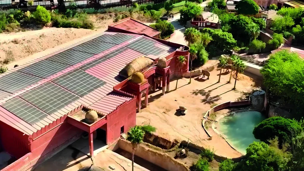 Paneles solares sobre edificio de Terra Natura Benidorm junto a hábitat de elefantes.