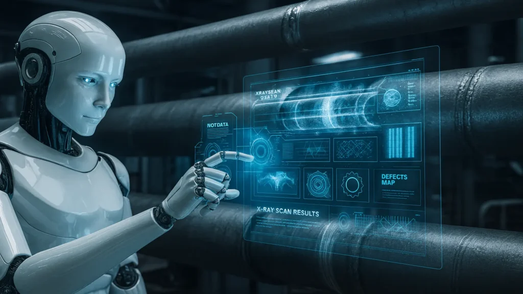 Visualization of artificial intelligence integrated into industrial radiography for advanced inspection and predictive analysis.