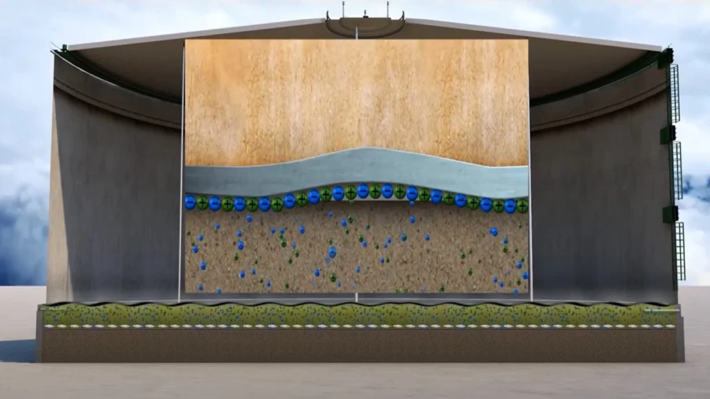 Representation of how VCI creates a chemical barrier in the soil-side zone at the bottom of the tank