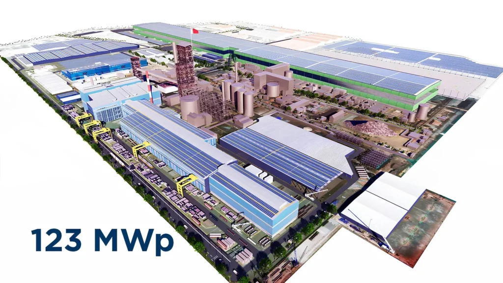 Render de planta siderúrgica con paneles solares en azotea y capacidad de 123 MWp en Baréin.
