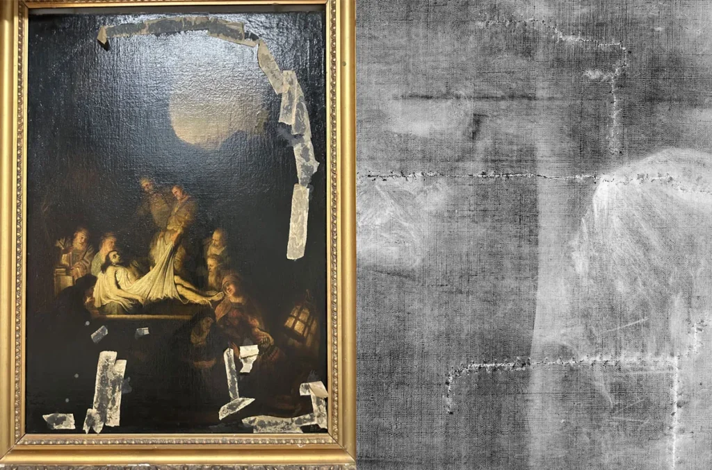 Radiografía computarizada de Rembrandt: El entierro de Cristo (copia), con desgarros invisibles