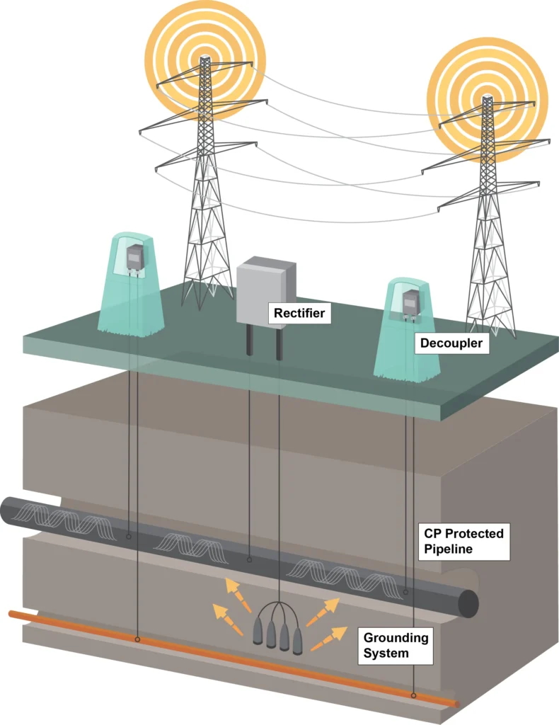 An AC mitigation system and cathodic protection with DC isolation using decouplers