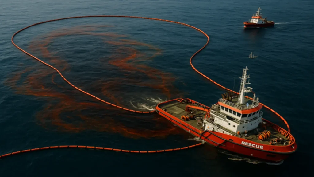 Containment and recovery operation during an oil spill.