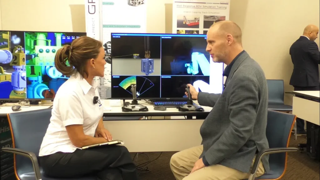 Desmond Greene presents the VROV simulator during an interview at OSRL 2025.