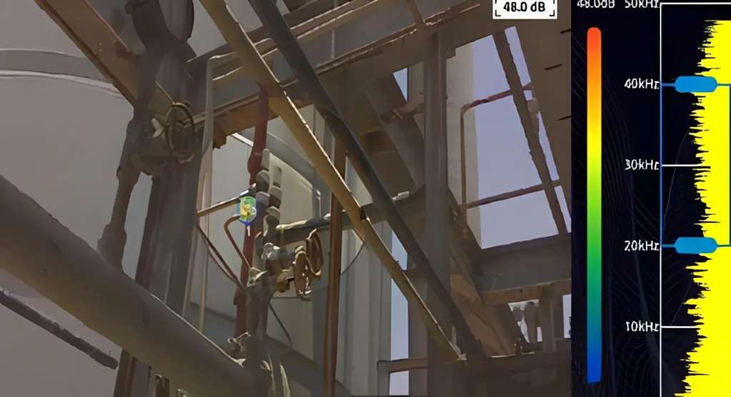 Acoustic inspection of elevated pipes and valves where the sensor highlights a colored point indicating a possible leak.