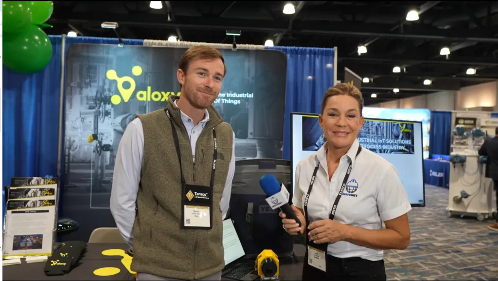 Connor Johnson of Aloxy during an interview at NISTM 2025 presenting solutions with wireless sensors for monitoring industrial valves.