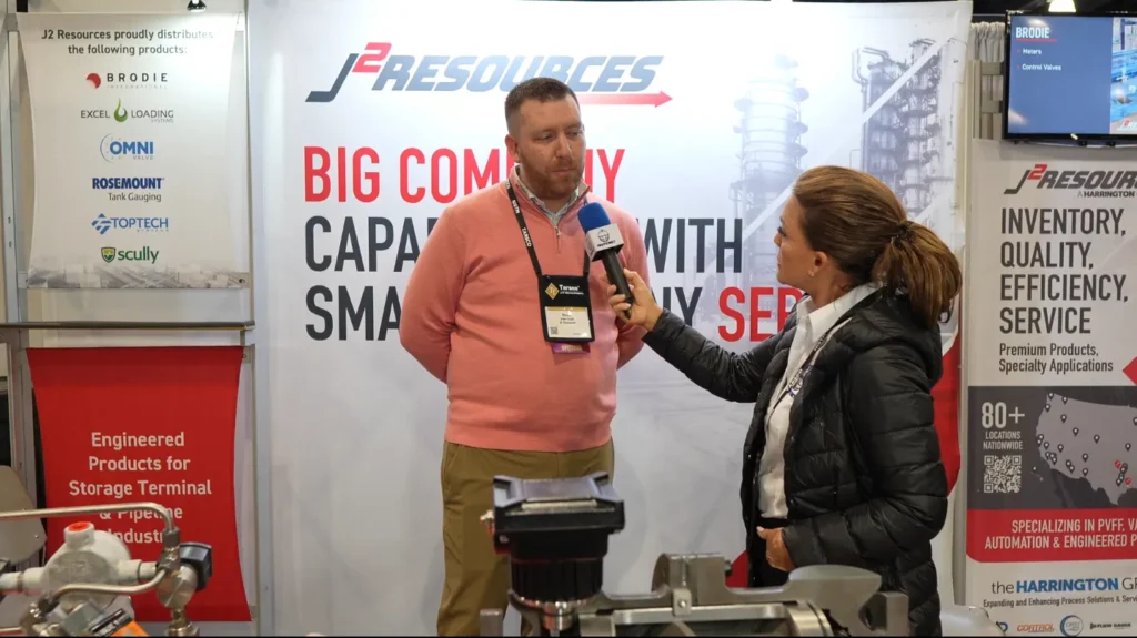 Interview with Shawn Dugan of J2 Resources at NISTM 2025, featuring product panels for terminals and engineering solutions.