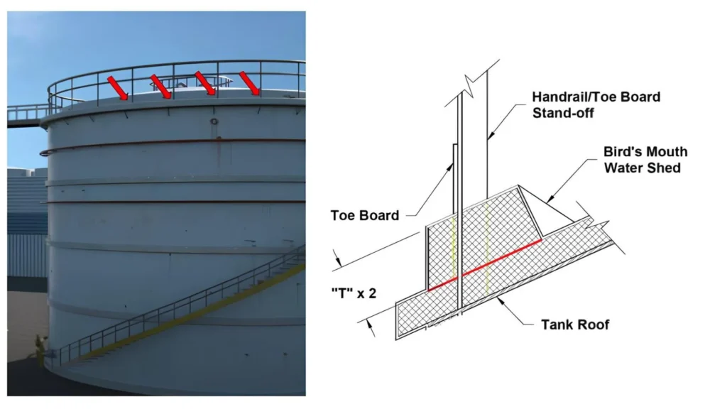Protrusions on the railing of an industrial tank that can promote corrosion under insulation, along with a technical diagram of the construction detail.
