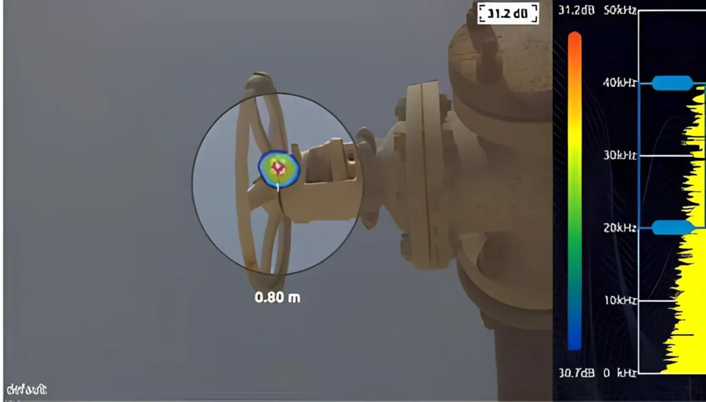 Acoustic inspection of a valve where a colored spot indicates a possible leak near the opening mechanism.