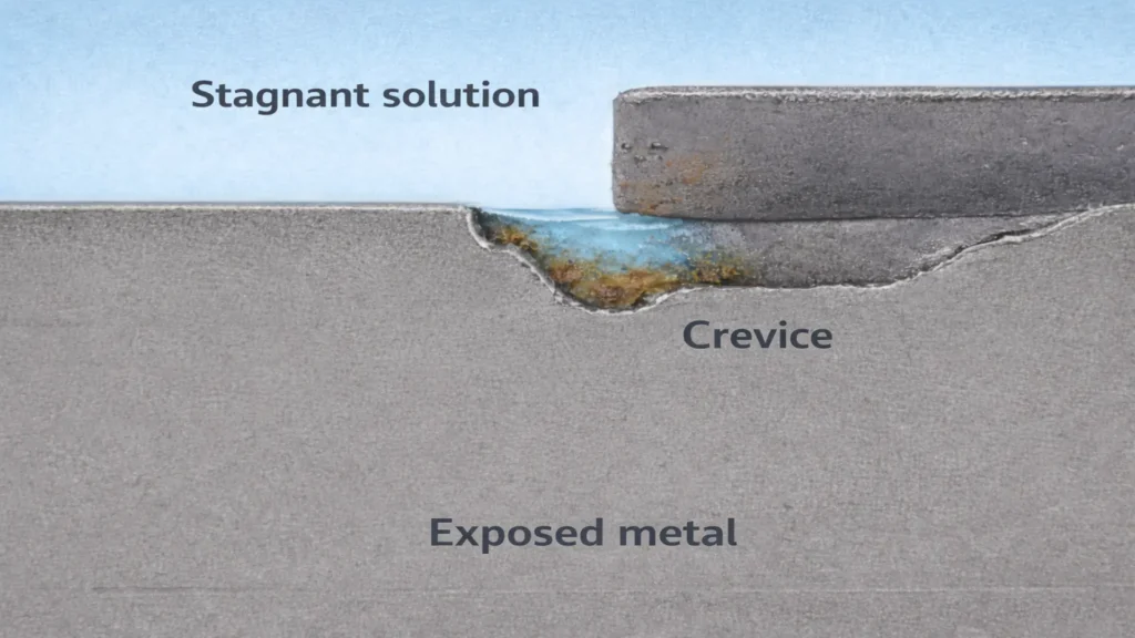 Crevice corrosion in a riveted joint.
