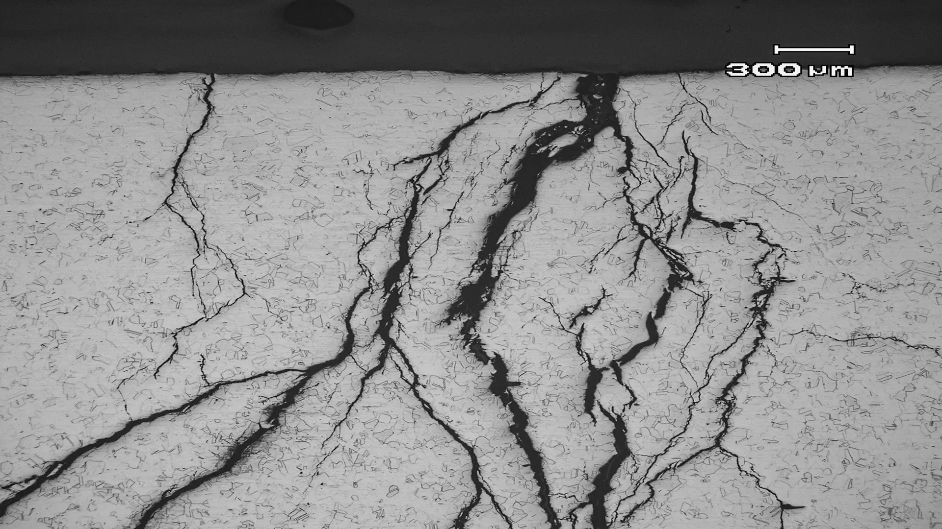 Micrografía de Stress Corrosion Cracking (SCC) mostrando propagación intergranular bajo tensiones residuales (300 μm).