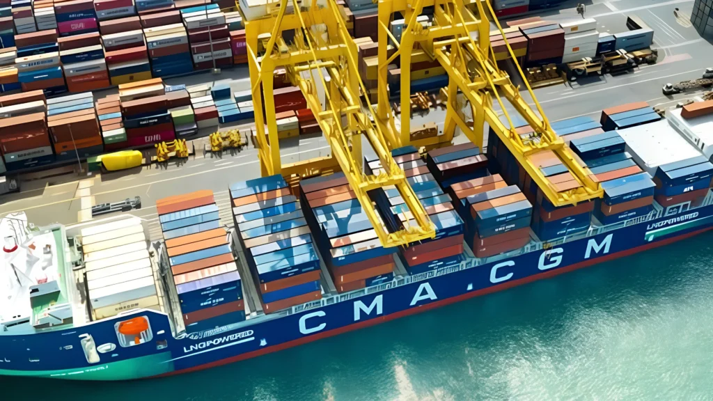 Buque portacontenedores de CMA CGM en puerto operando carga, como parte de una iniciativa de descarbonización del transporte marítimo.
