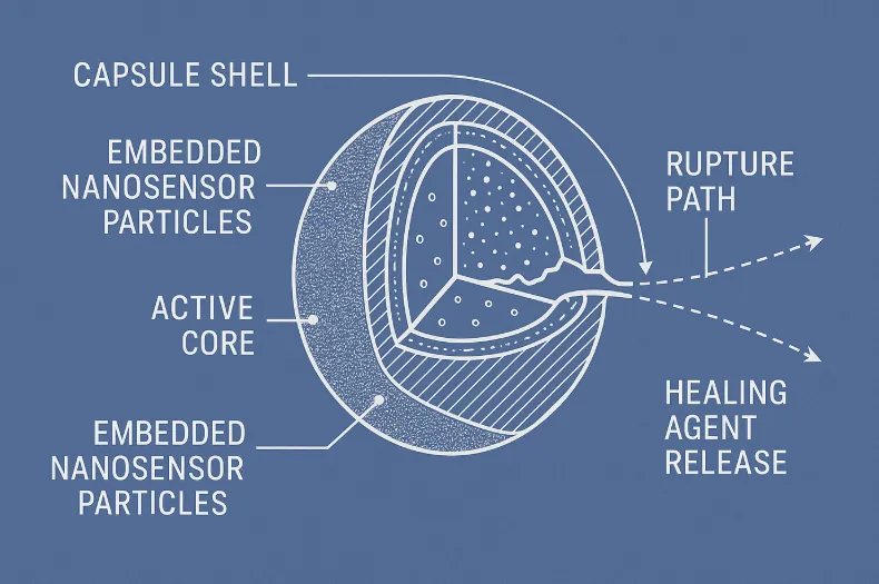 Cross-sectional schematic of a microcapsule with embedded nanosensors and controlled healing agent release.