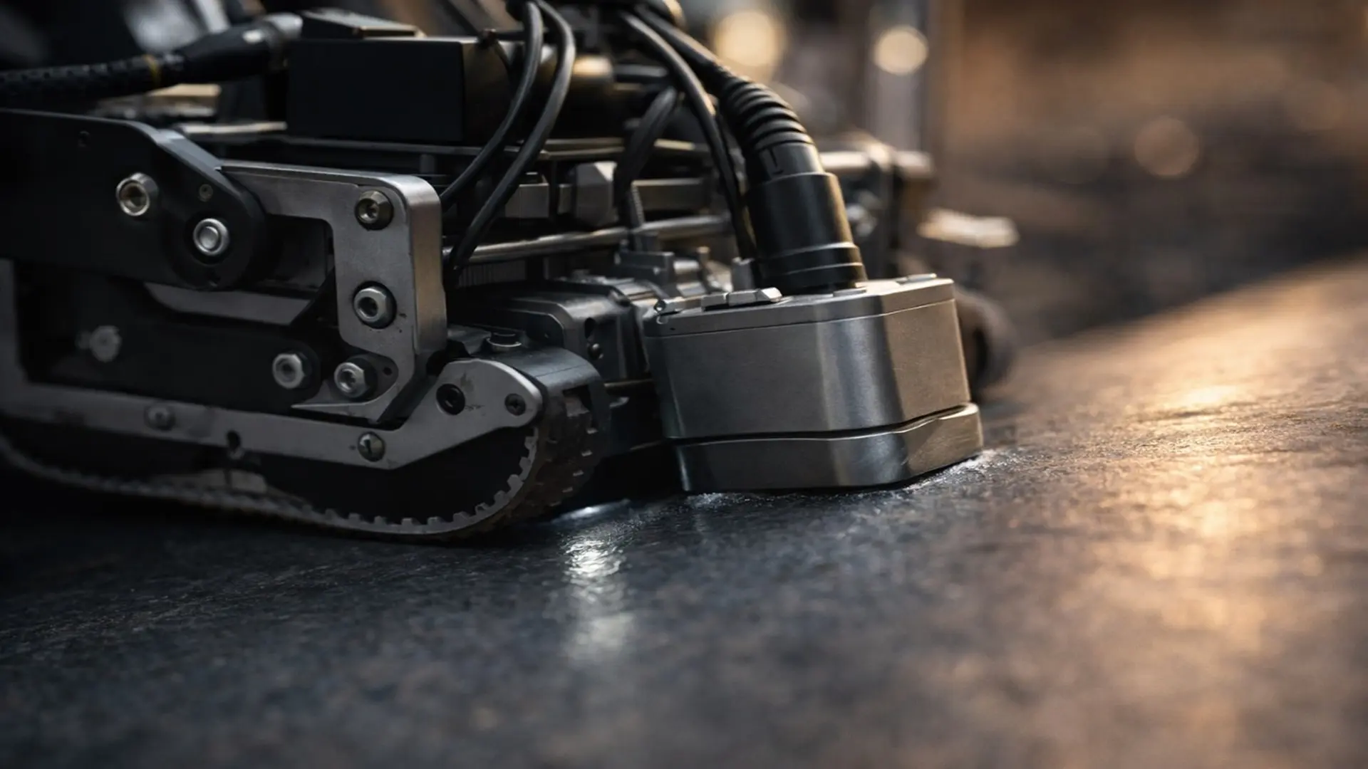 Detail of the NDT module integrated into a non-magnetic crawler robot for thickness measurement.
