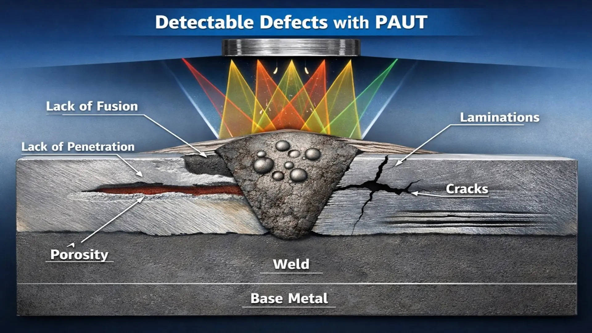 Phased Array Ultrasonic Testing (PAUT) diagram showing weld cross-section with detectable discontinuities including lack of fusion, lack of penetration, porosity, cracks, and laminations.