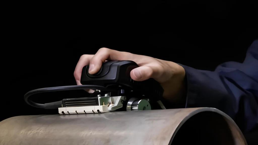 Inspector que realiza una inspección avanzada mediante corrientes de Foucault en un oleoducto y gasoducto utilizando un escáner NDT portátil.