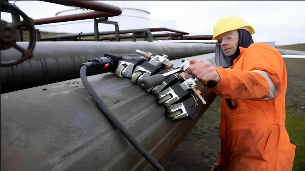Técnico que realiza una inspección avanzada de tuberías mediante un sistema de corrientes de Foucault utilizando un escáner PipescanHD en un oleoducto y gasoducto sobre la superficie.