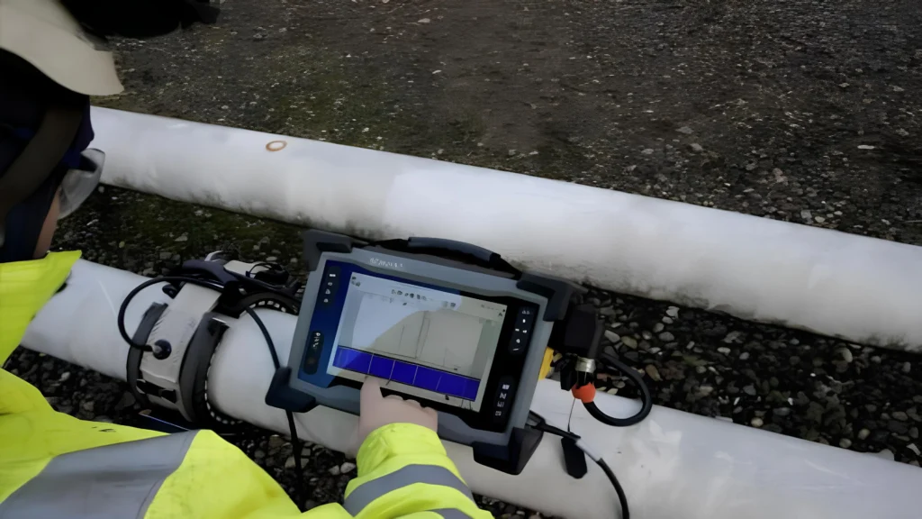 Técnico revisa datos de inspección por ondas guiadas ultrasónicas en una tubería utilizando un sistema de detección Sonyks en una instalación de petróleo y gas.