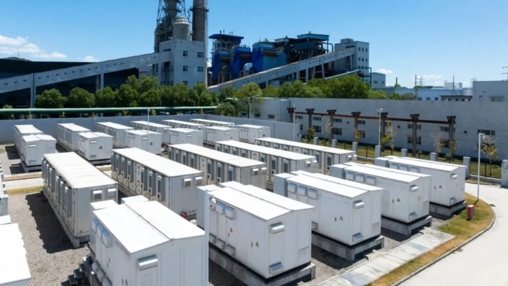 Sistema industrial de almacenamiento de energ&iacute;a en contenedores modulares junto a planta el&eacute;ctrica.