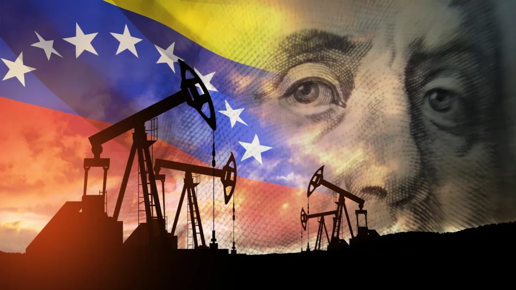 Bombas de extracci&oacute;n y bandera de Venezuela con billete, petr&oacute;leo de Venezuela y econom&iacute;a.
