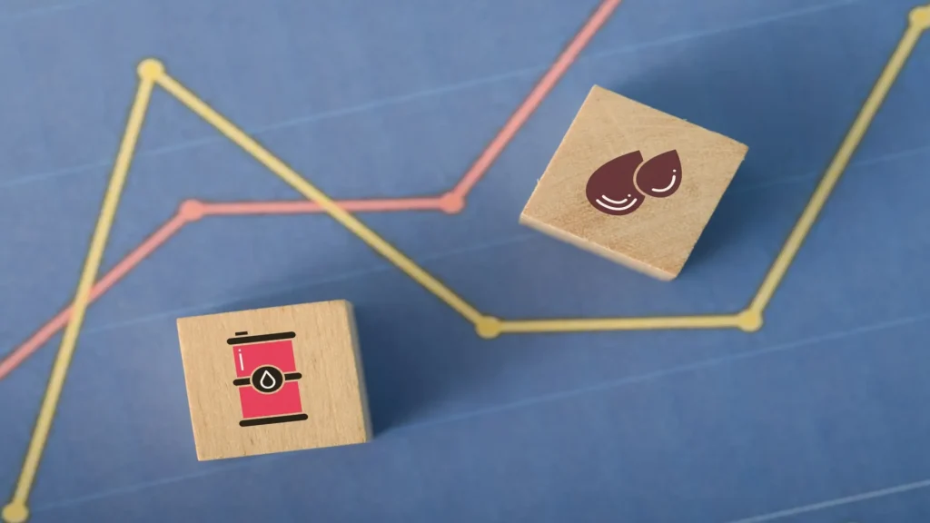 Gr&aacute;fico con bloques de petr&oacute;leo sobre ca&iacute;da en la demanda de petr&oacute;leo.