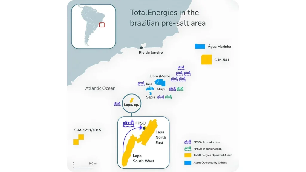 Mapa del presal brasile&ntilde;o que muestra la ubicaci&oacute;n del campo Lapa y el proyecto Lapa Suroeste operado por TotalEnergies.