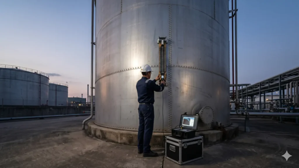 Inspección con sonda ECA flexible en tanque industrial.